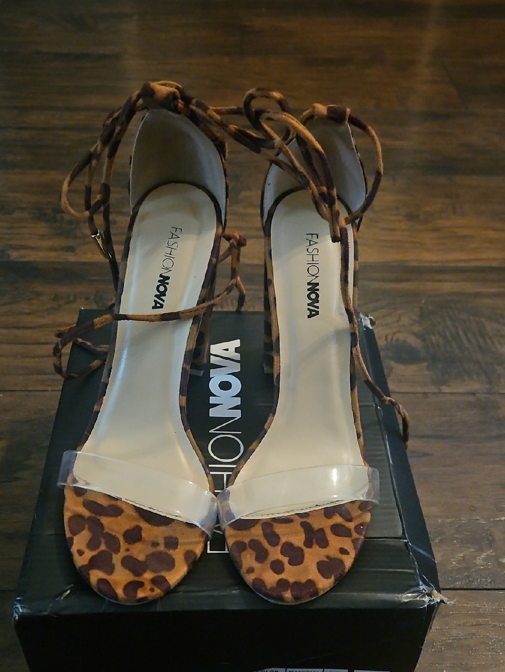 Fashion Nova Leopard Lace-Up Heeled Sandals — Brown/Clear